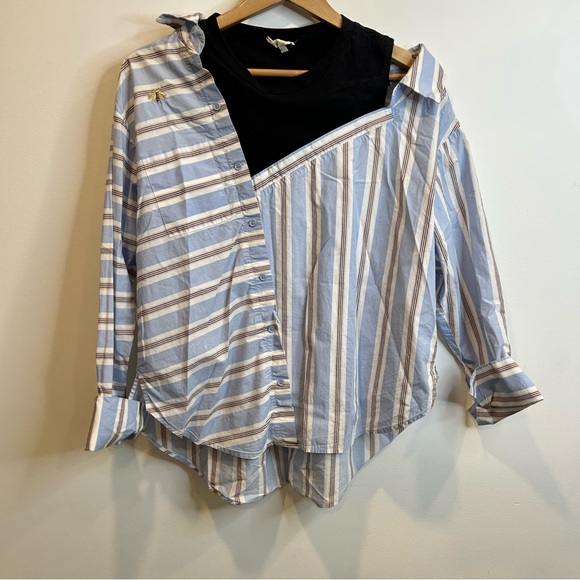 Maje Laivi Layered Button Up Collared Striped Dress Shirt Blue White - Picture 3 of 8